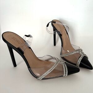 Schutz Julie Nappa Leather Vinyl Crystals Pump Stiletto Heel Pointed Toe